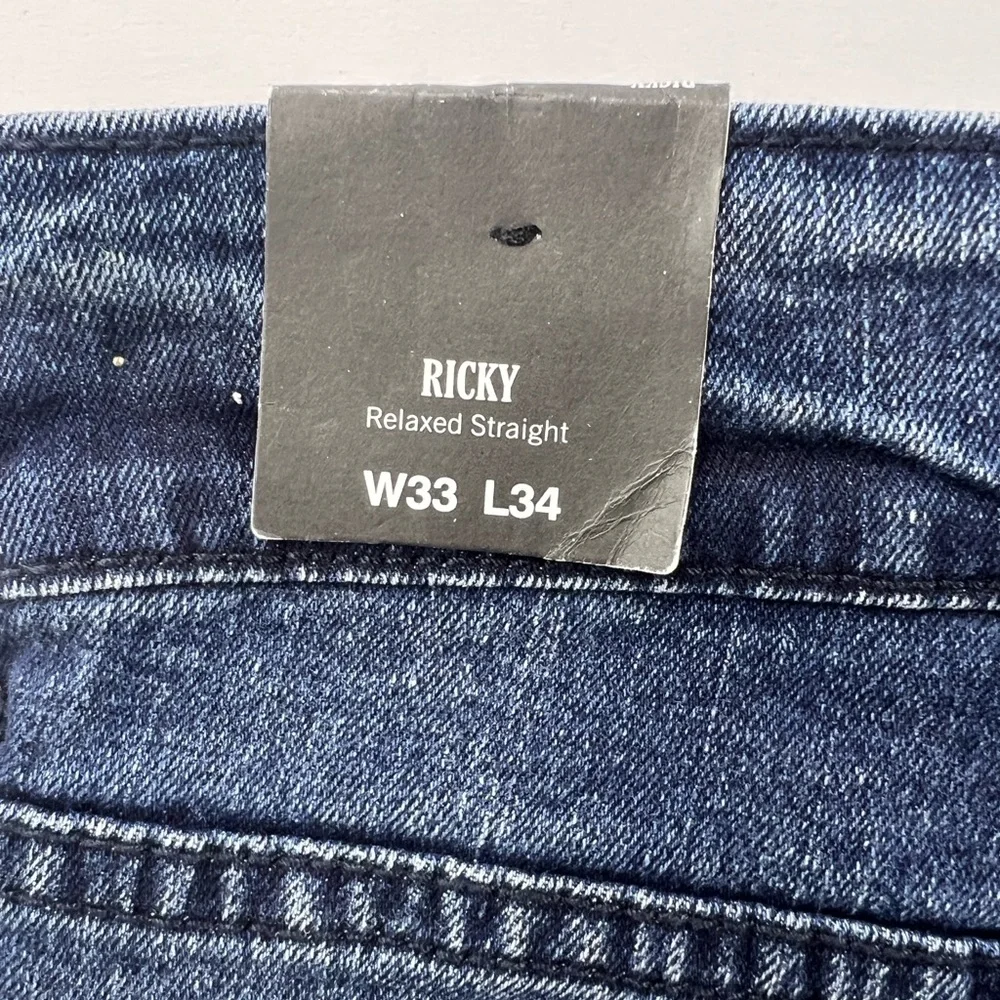 TRUE RELIGION JEANS, RICKY RELAXED STRAIGHT, DARK INDIGO BLASTER, W 33, L34